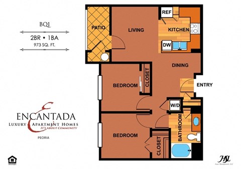 Floor plan for 2 beds, 1 bath, 917 sqft
